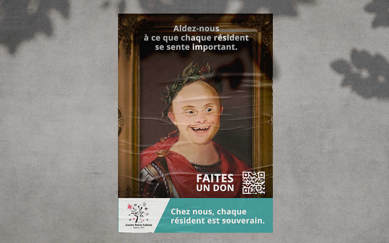 Affiche sous forme de portrait qui représente un résident habillé en Jules César.